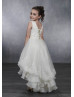 Pearl Neck Ivory Satin Tulle Lace Trim Tiered High Low Flower Girl Dress